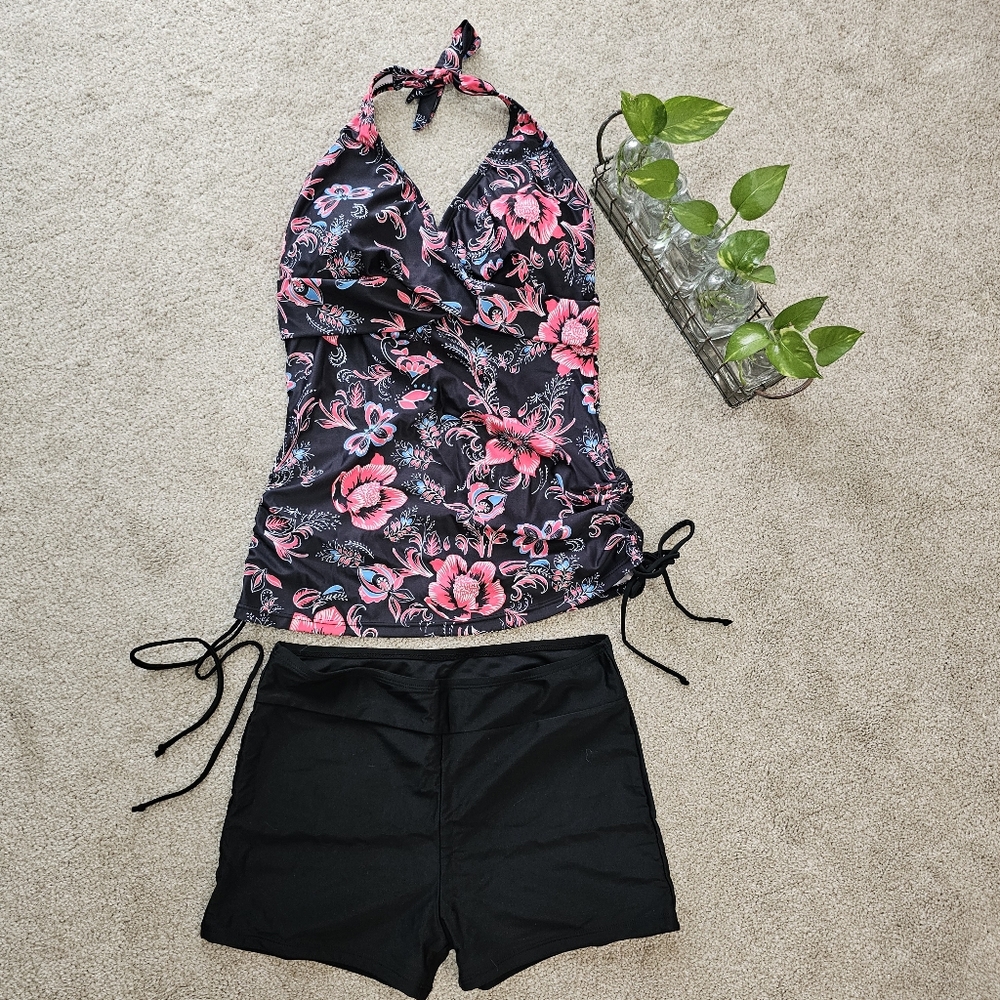 Women Two Piece Tankini Halter Padded Adjustable Drawstring Swimsuit Small